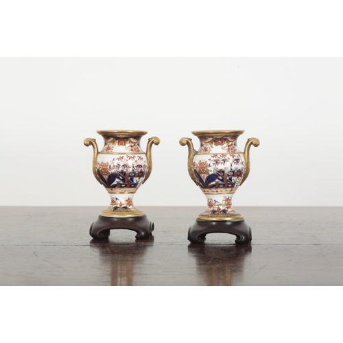 46 - A PAIR OF SPODE PORCELAIN MINIATURE VASES 19th century, decorated in the imari palette, pattern 967,... 