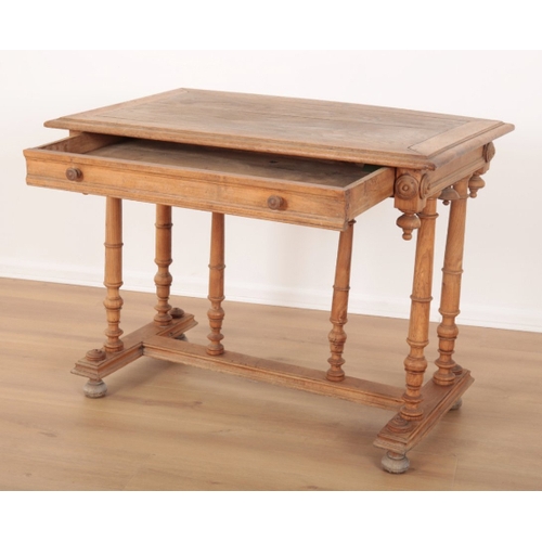 47 - A VICTORIAN ELM SIDE TABLE the moulded top edge over a single drawer to one side, turned paterae aff... 