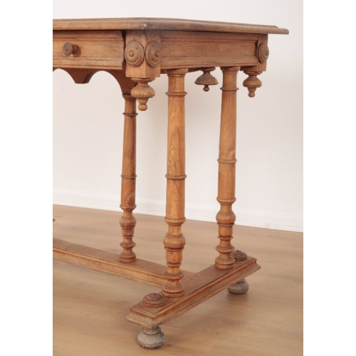 47 - A VICTORIAN ELM SIDE TABLE the moulded top edge over a single drawer to one side, turned paterae aff... 