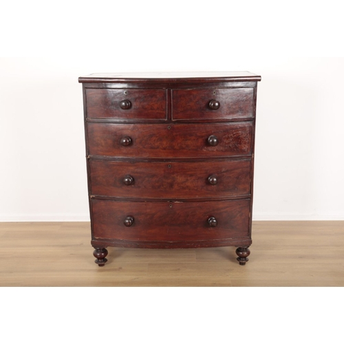 58 - A GEORGE IV MAHOGANY BOW FRONT TALL CHEST with two short drawers over three long graduated drawers, ... 