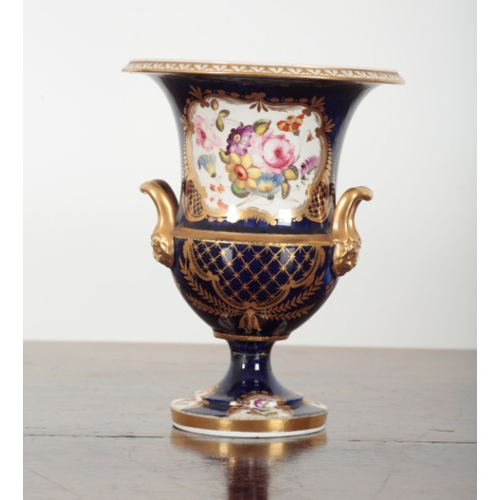 61 - A PAIR OF DERBY PORCELAIN VASES of campagna form, the cobalt blue grounds highlighted in gilt, 21cm ... 