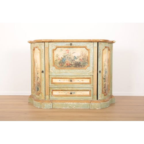 68 - A LOUIS XV STYLE PAINTED AND PARCEL GILT SIDEBOARD the top, front and sides painted with flowers and... 