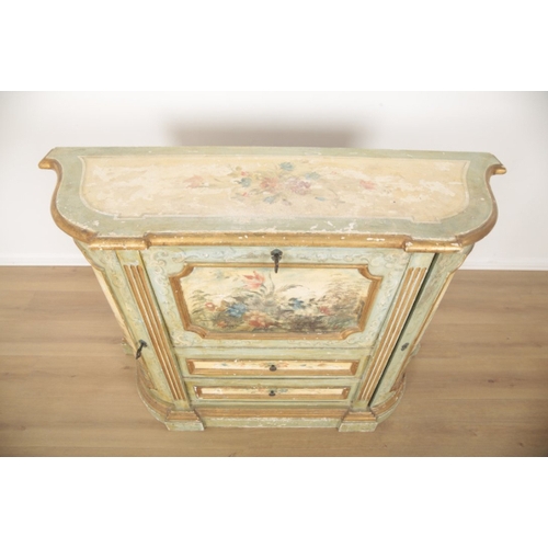68 - A LOUIS XV STYLE PAINTED AND PARCEL GILT SIDEBOARD the top, front and sides painted with flowers and... 