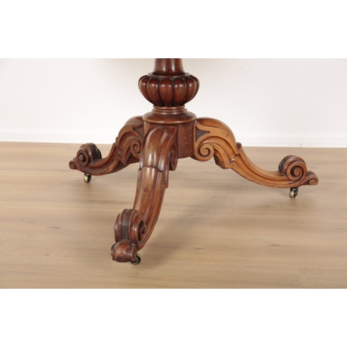 70 - A VICTORIAN WALNUT AND BURR WALNUT BREAKFAST TABLE the quarter veneered tilt top on a turned and gad... 