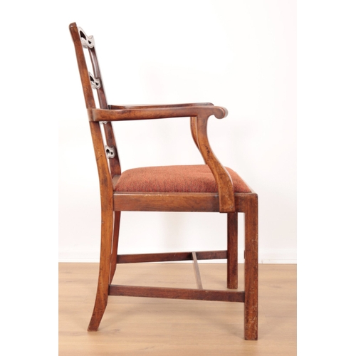 74 - A GROUP OF FOUR GEORGE III STYLE MAHOGANY DINING CHAIRS with pierced ladder-back splats over square ... 