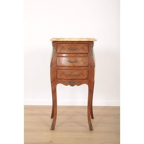79 - A PAIR OF LOUIS XV STYLE MARBLE TOP BEDSIDE CHEST OF DRAWERS of bombe form, the three drawers inlaid... 