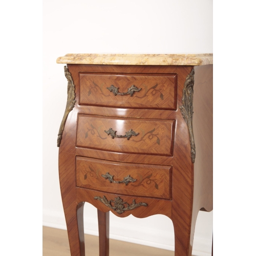 79 - A PAIR OF LOUIS XV STYLE MARBLE TOP BEDSIDE CHEST OF DRAWERS of bombe form, the three drawers inlaid... 