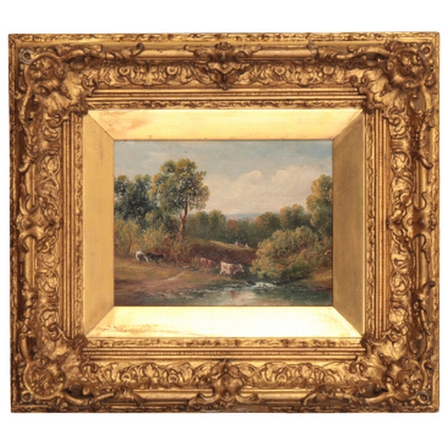 8 - ENGLISH SCHOOL, 19TH CENTURY Cattle approaching a ford signed lower left, oil painting on board, 15c... 