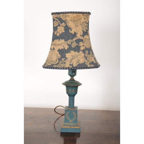 83 - A PAIR OF EMPIRE STYLE BLUE-PAINTED AND PARCEL GILT TABLE LAMPS 20th century, with turned columnar s... 