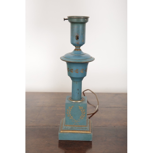 83 - A PAIR OF EMPIRE STYLE BLUE-PAINTED AND PARCEL GILT TABLE LAMPS 20th century, with turned columnar s... 