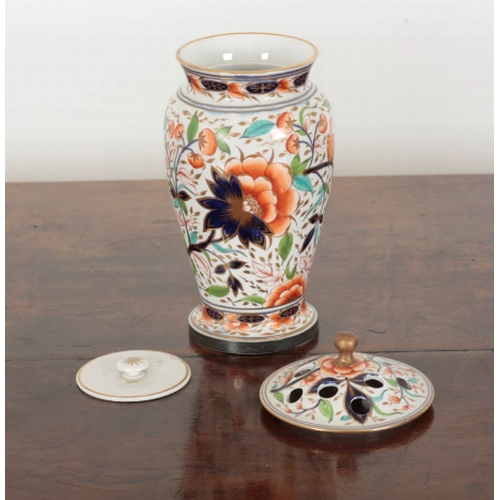 87 - A PAIR OF DERBY PORCELAIN POT POURRI VASES initialled CB to the underside, decorated in the imari pa... 