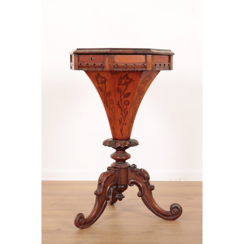 9 - A VICTORIAN ROSEWOOD AND MARQUETRY SEWING TABLE of trumpet form, the hinged lid inlaid with a bird a... 