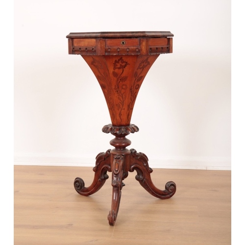 9 - A VICTORIAN ROSEWOOD AND MARQUETRY SEWING TABLE of trumpet form, the hinged lid inlaid with a bird a... 