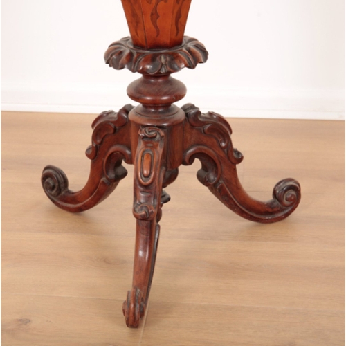 9 - A VICTORIAN ROSEWOOD AND MARQUETRY SEWING TABLE of trumpet form, the hinged lid inlaid with a bird a... 