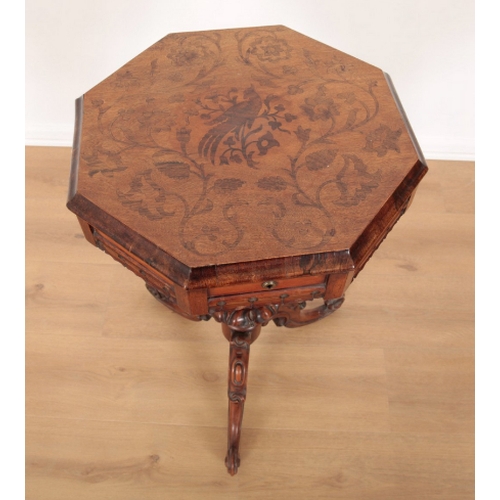 9 - A VICTORIAN ROSEWOOD AND MARQUETRY SEWING TABLE of trumpet form, the hinged lid inlaid with a bird a... 