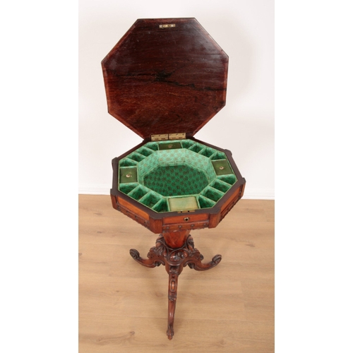 9 - A VICTORIAN ROSEWOOD AND MARQUETRY SEWING TABLE of trumpet form, the hinged lid inlaid with a bird a... 