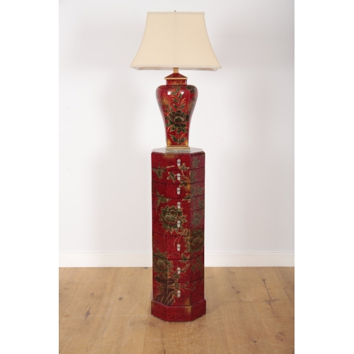 96 - A PAIR OF CONTEMPORARY CHINESE RED LACQUER LAMPS of baluster form, 51cm high, together with matching... 
