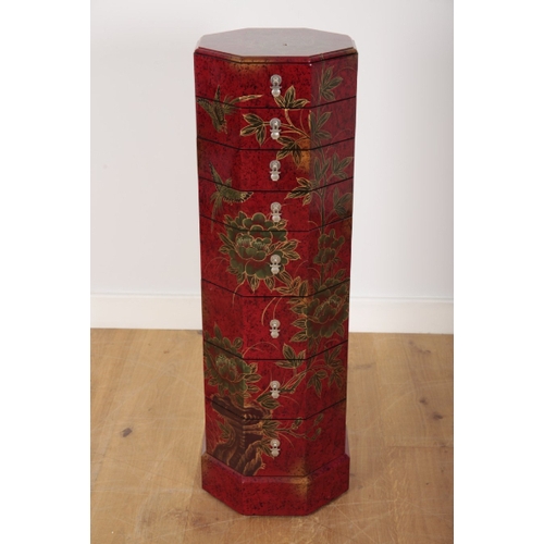 96 - A PAIR OF CONTEMPORARY CHINESE RED LACQUER LAMPS of baluster form, 51cm high, together with matching... 