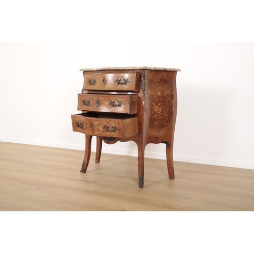 98 - A LOUIS XV STYLE MARBLE TOPPED SERPENTINE COMMODE the three drawers and the sides inlaid with foliat... 