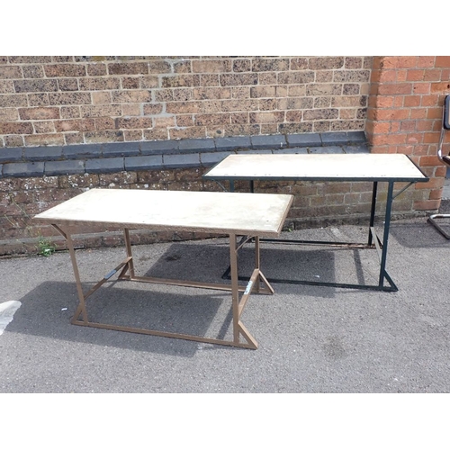 1 - TWO MARBLE TOPPED GARDEN OR CONSERVATORY TABLES on metal bases 101 x 44cm and 101 x 53cm (with re-us... 