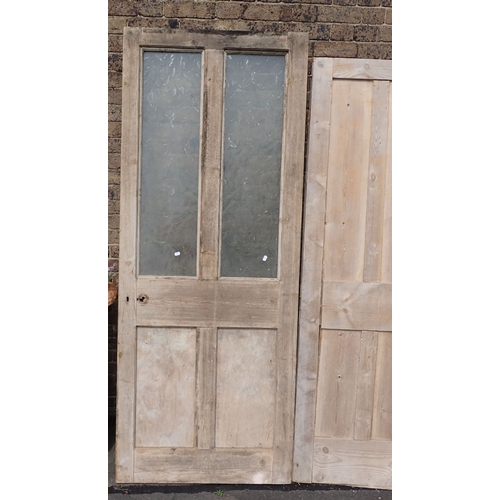 14 - FIVE RECLAIMED STRIPPED PINE INTERIOR DOORS 4 panel half glazed 206 x 82cm; 6 panel 198 x 89cm; 1920... 