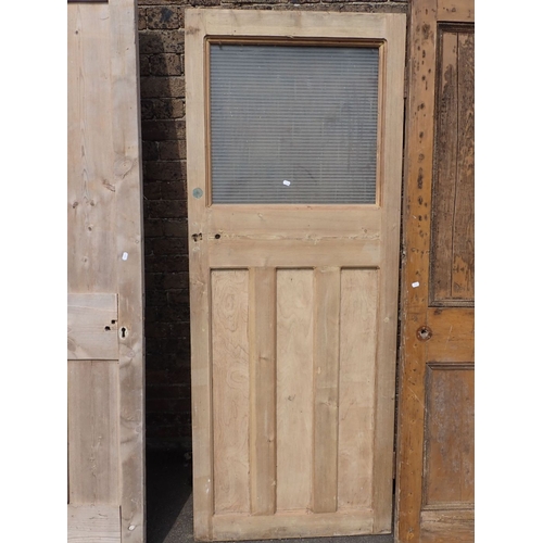 14 - FIVE RECLAIMED STRIPPED PINE INTERIOR DOORS 4 panel half glazed 206 x 82cm; 6 panel 198 x 89cm; 1920... 