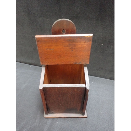 150 - A 19TH CENTURY CANDLE BOX with shaped back for wall hanging 45cm high