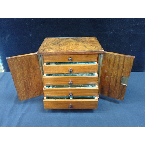 153 - A VICTORIAN BURR WALNUT JEWELLERY CABINET  with shallow pyramidal top, and Bramah lock (no key) the ... 