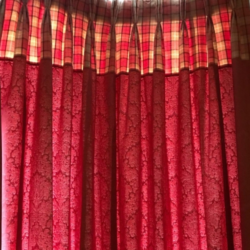 169 - A PAIR OF BROCADE AND TARTAN FULL LENGTH CURTAINS Fully lined and interlined on each curtain, with t... 