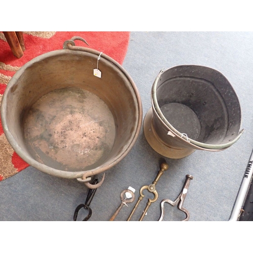 177 - A COPPER COAL BUCKET OR LOG BIN WITH RIVETTED SEAM a coal scuttle, and various fire tools