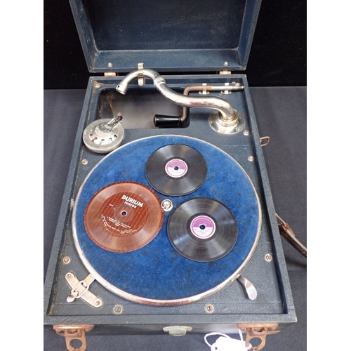 29 - A 'MAY-FAIR' PORTABLE GRAMOPHONE, BLUE CASED 'DeLuxe Model', with a few records, including miniature... 