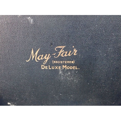 29 - A 'MAY-FAIR' PORTABLE GRAMOPHONE, BLUE CASED 'DeLuxe Model', with a few records, including miniature... 