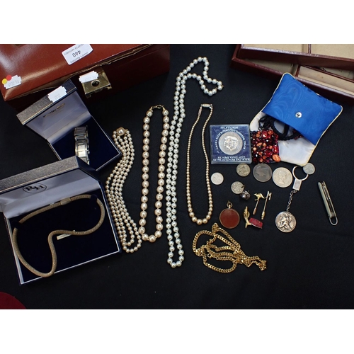 440 - A STRING OF BAROQUE PEARLS, AND OTHER JEWELLERY including a silver St. Christopher, plated chains et... 