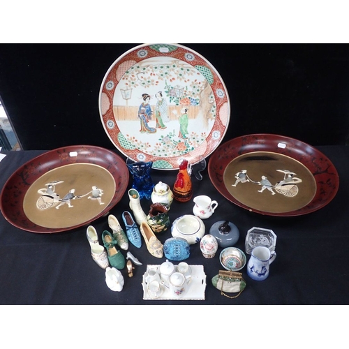 56 - TWO ART GLASS ORNAMENTS a miniature teaset, a Japanese charger,  and a pair of Japanese laqcquer aqn... 