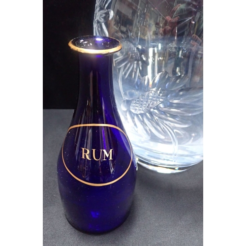 69 - A 19TH CENTURY 'BRISTOL' BLUE RUM BOTTLE with gilding  19.5cm (no stopper), and a large Stuart glass... 