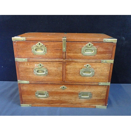 801 - A MINIATURE TEAK  'MILITARY' CHEST modern, in 19th century style, with one long and four short drawe... 