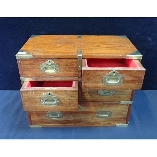 801 - A MINIATURE TEAK  'MILITARY' CHEST modern, in 19th century style, with one long and four short drawe... 