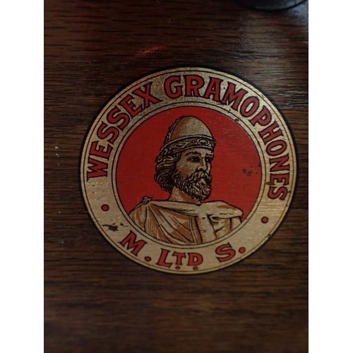 87 - A 1920s HORN GRAMOPHONE, WITH DECAL: 'WESSEX GRAMOPHONES. M. S. LTD.' (with portrait of King Alfred)... 