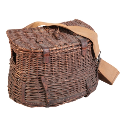 A HARDY WICKER FISHING CREEL with leather carrying straps and