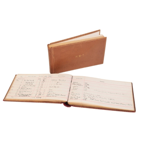 136 - TWO LEATHER-BOUND FISHING RECORD BOOKS belonging to H.W.-T, dating from 1898-1943, comprising record... 