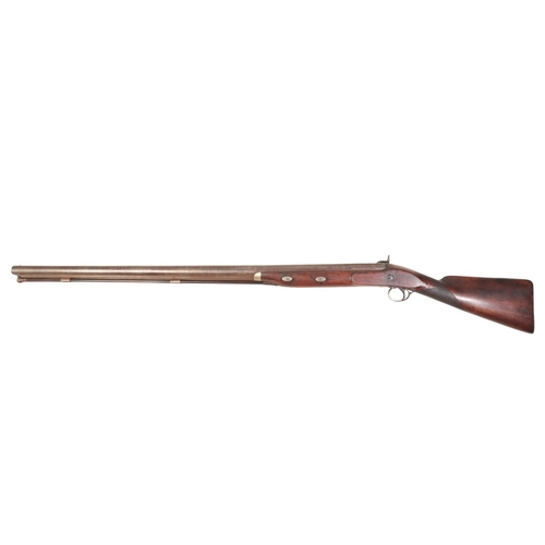 154 - A 4 BORE PERCUSSION SINGLE BARREL SPORTING GUN with Damascus barrel, walnut stock, steel trigger gua... 