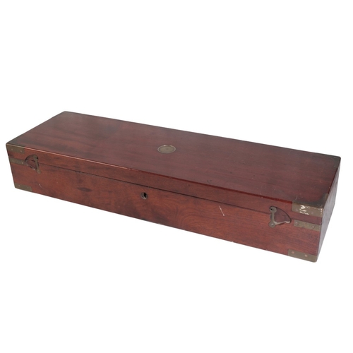 184 - A VICTORIAN MAHOGANY DOUBLE GUN CASE with brass corners and a brass plaque to the lid with engraved ... 