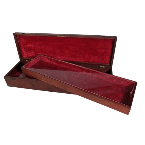 184 - A VICTORIAN MAHOGANY DOUBLE GUN CASE with brass corners and a brass plaque to the lid with engraved ... 