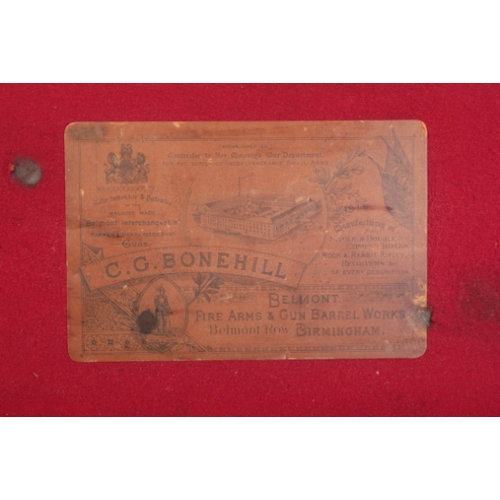 186 - C.G. BONEHILL, BIRMINGHAM: AN OAK AND LEATHER DOUBLE GUN CASE with brass corners and red painted int... 