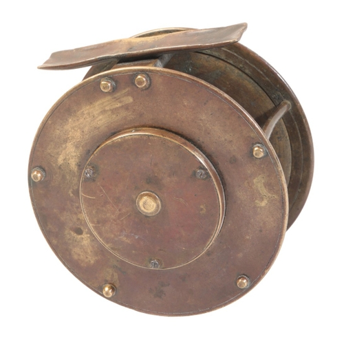 2 - CHEVALIER, BOWNESS & SON, LONDON: A BRASS WINCH FLY REEL circa 1850, with domed bone handle on curve... 