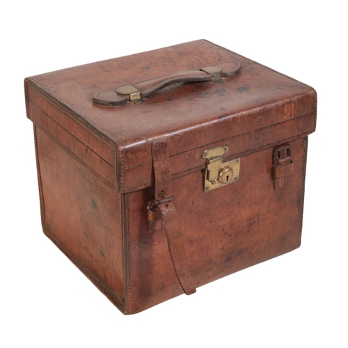 255 - A VICTORIAN SQUARE LEATHER HATBOX with a leather carrying handle and brass lock, 30cm x 36cm

Proven... 