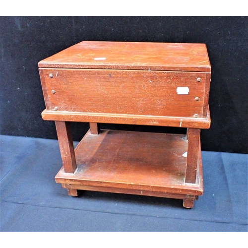 129 - WOODEN SEWING OR CANDLE BOX ON STAND 38 cm wide