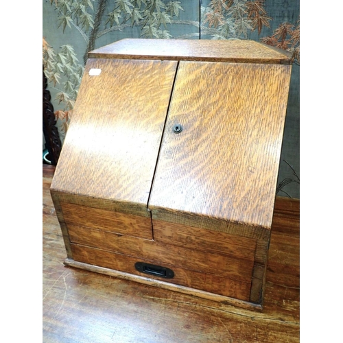 143 - A VICTORIAN GOLDEN OAK STATIONERY BOX with fitted interior, some compartments with engraved brass la... 