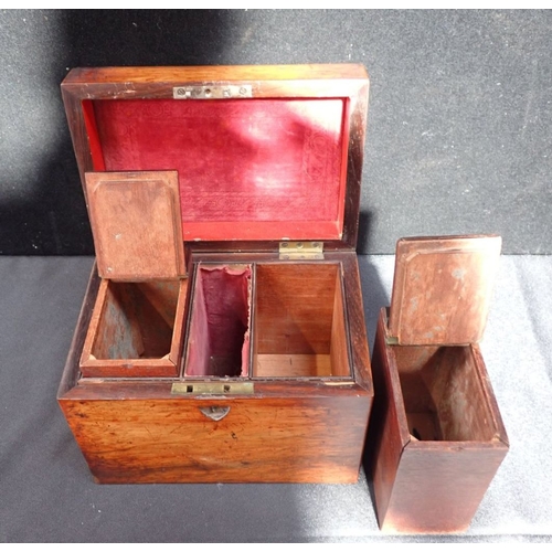 147 - A 19TH CENTURY ROSEWOOD TEA CADDY with fitted interior, and cartouche 'In memory of CC' (some damage... 