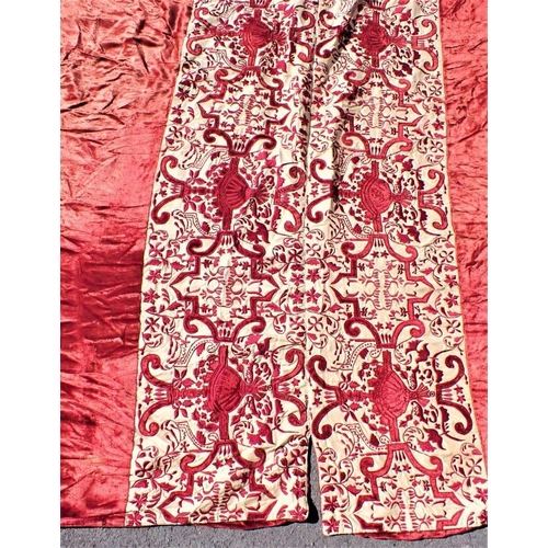 153 - A LARGE VELVET COVER, WITH CREAM SILK AND VELVET BORDERS in Renaissance style, the main body of four... 